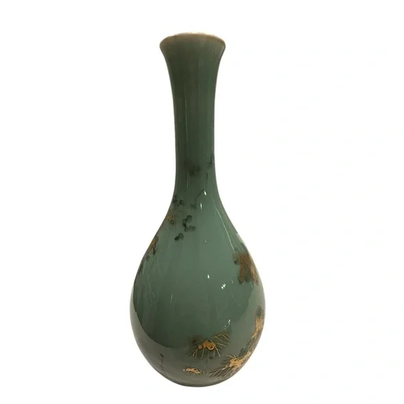 .Asian Turquoise Gilt Decorated Crane Neck Porcelain Glazed Large Vase #1